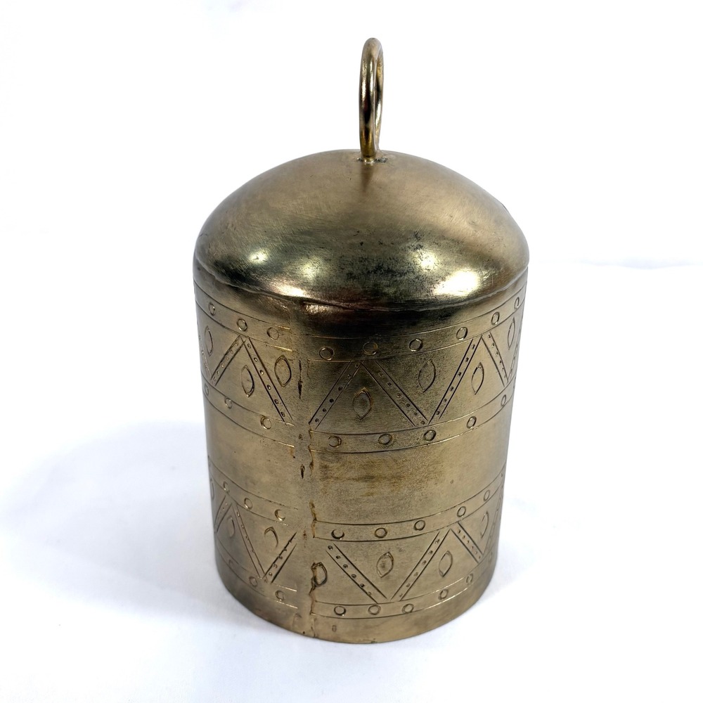 Pottery Barn Bell Gold Brass Etched Geometric Pattern Made in India Large 8in - Picture 3 of 7